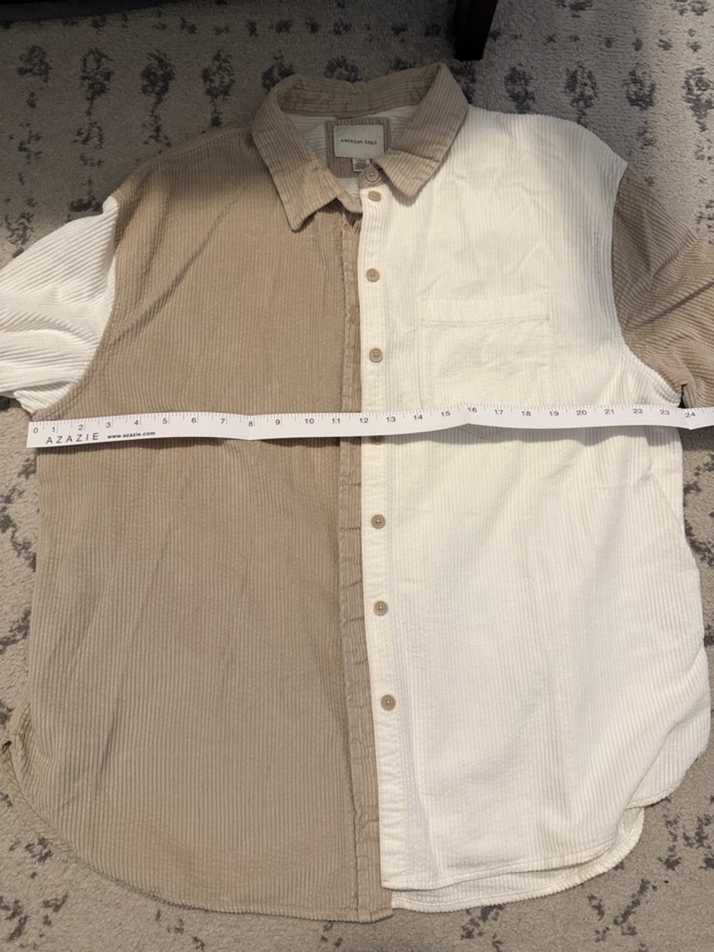 American Eagle Two-Tone Corduroy Button-Up Shirt in Beige and White - Picture 5 of 5